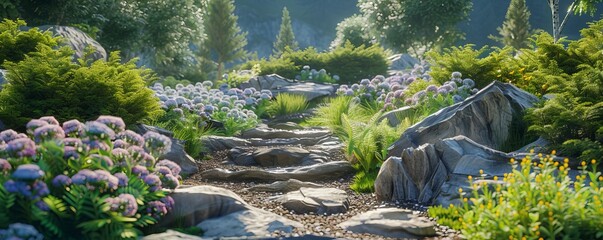 Serene garden with a rock garden and alpine plants, 4K hyperrealistic photo