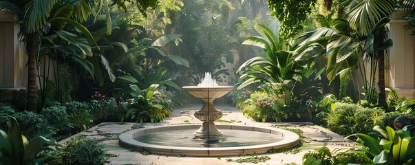 Wall Mural - Tranquil garden with a fountain surrounded by greenery, 4K hyperrealistic photo