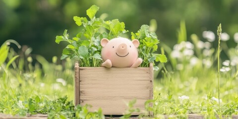 A cute pig toy nestled in a wooden box surrounded by fresh greens, evoking a sense of playfulness and nature.