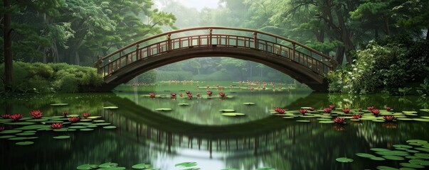 Wall Mural - Arched bridge over a tranquil lake with water lilies, 4K hyperrealistic photo