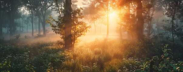 Wall Mural - Sunrise over a misty forest, 4K hyperrealistic photo,