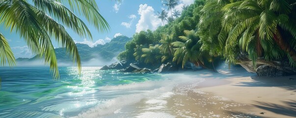 Wall Mural - Tropical beach with lush, overhanging palm trees, 4K hyperrealistic photo