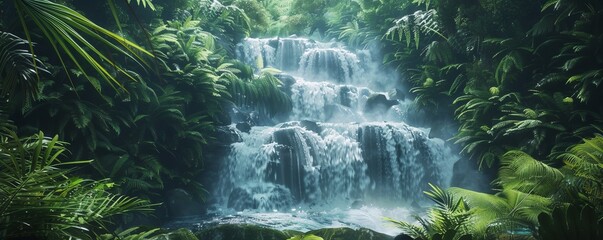 Wall Mural - Powerful cascading waterfall surrounded by lush greenery, 4K hyperrealistic photo