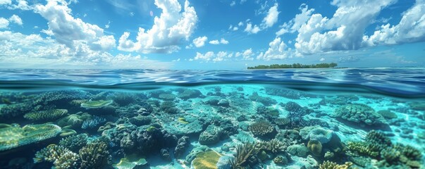 Wall Mural - Clear, calm sea with vibrant coral reefs visible, 4K hyperrealistic photo