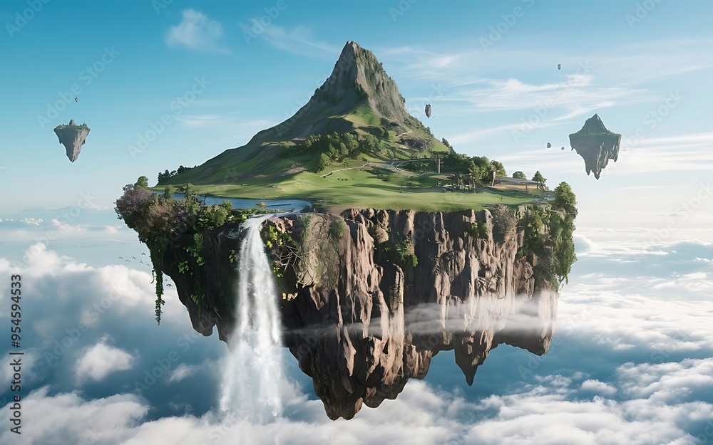 magical floating island with a waterfall and lush greenery generative ...