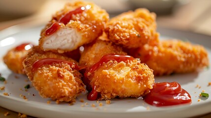 Cooked chicken nuggets coated in mayo and ketchup