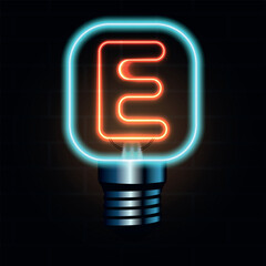 Glowing Neon Letter E in Lightbulb Design Illustration
