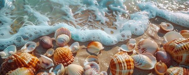 Wall Mural - Coastal collage with beach scenes, seashells, and ocean waves, 4K hyperrealistic photo