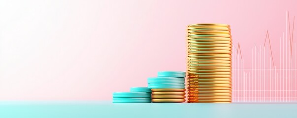 Canvas Print - Golden and Turquoise Coin Stacks on Pink and Blue Gradient Background with Chart.