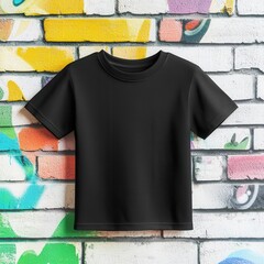 Black kids' T-shirt hanging in front of a graffiti-covered wall, Kids T-Shirt Mockup, Edgy and urban theme