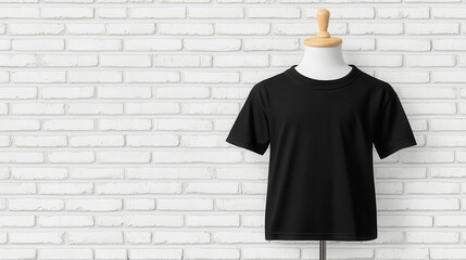 Black kids' T-shirt on a mannequin with a white brick wall background, Kids T-Shirt Mockup, Clean and stylish presentation