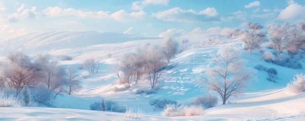 Wall Mural - Winter landscape with snow-covered hills and trees, 4K hyperrealistic photo