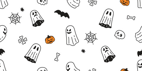 Wall Mural - Ghost seamless pattern spooky Halloween pumpkin vector doodle cartoon skull bone spider wave bat wrapping paper tile background repeat wallpaper scarf isolated evil illustration design