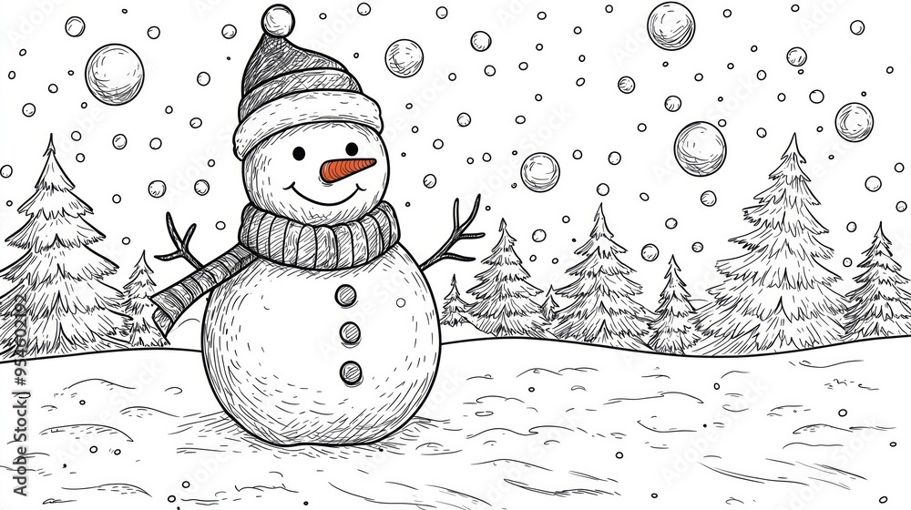 Coloring page, Adorable snowman wearing a hat and scarf, standing in a ...