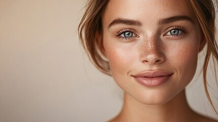 Portrait of a Confident Caucasian Woman with Glowing Skin: Exudes positivity with a portrait of a confident Caucasian woman showcasing glowing skin against a neutral background.