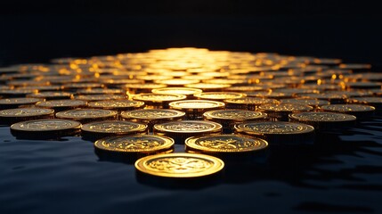 Wall Mural - Golden coins arranged in a symmetrical pattern on a dark background