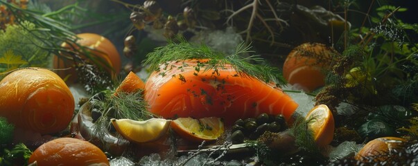 Smoked salmon with dill and capers, 4K hyperrealistic photo