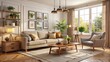 © DigitalArt Max - Soft gray walls provide a serene backdrop for a stylish living room featuring a plush sectional sofa, minimalist