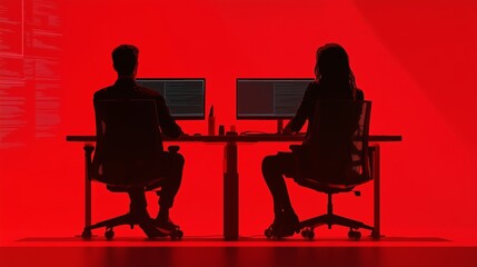 Poster - two individuals working at computers in a dark room illuminated by red lights during nighttime hours