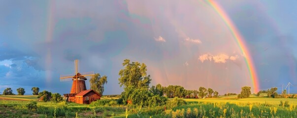 Rainbow over rural windmill, 4K hyperrealistic photo