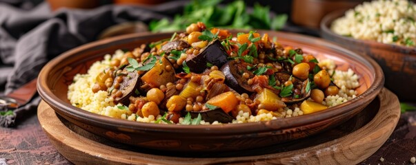 Wall Mural - Eggplant and chickpea tagine with couscous, 4K hyperrealistic photo