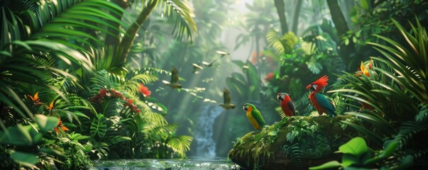 Tropical rainforest with dense vegetation and colorful birds, 4K hyperrealistic photo,