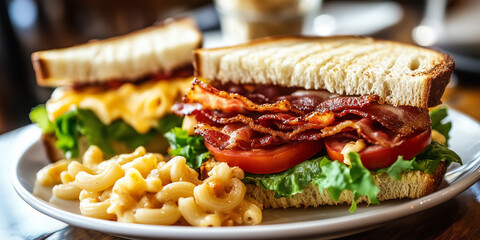 A plate of bacon, lettuce, and tomato sandwiches with a side of macaroni and cheese on the table in a cafe. Close-up view of BLT sandwiches