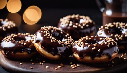 Freshly made chocolate donuts with a rich glaze and creamy filling sit on parchment paper. They are presented on table, showcasing their delectable appearance. Cocoa brown glaze on buns. Generative AI