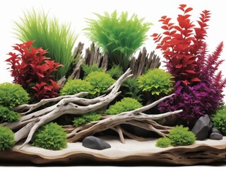 Wall Mural - A peaceful nature aquarium illustration with submerged plants, driftwood, and stones, portraying a balanced aquascape