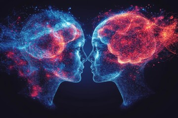 Strategic Empathy circuits Abstract neon illustration of two brain patterns facing each other symbolizing the electrifying connection of ideas and thoughts in a vibrant energetic environment