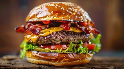 a close-up of a gourmet cheeseburger stacked high with layers of cheese, bacon, and a perfectly grilled patty, set against a rustic background.