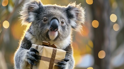 Wall Mural - Cute koala holding a gift for a special occasion close up