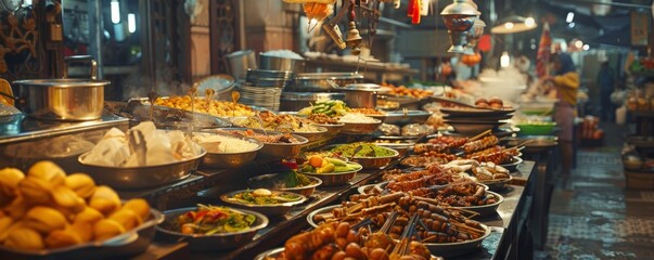 Ethnic food stalls offering a variety of dishes, 4K hyperrealistic photo