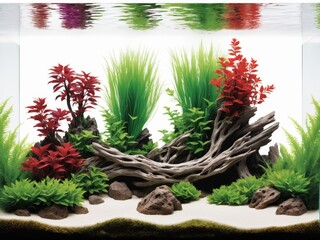 Wall Mural - A calming aquarium illustration featuring underwater plants, driftwood, and rocks, creating a serene aquascape