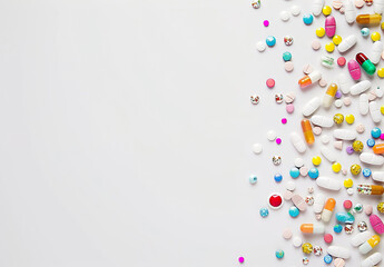 Colourful pills and medicine top view on a white background AI Image