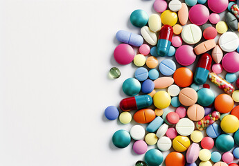 Colourful pills and medicine top view on a white background AI Image