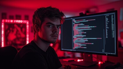 Poster - A man is sitting in front of two computer monitors, one of which is displaying a code. The man is focused on the computer screens, possibly working on a project or programming. The room is dimly lit