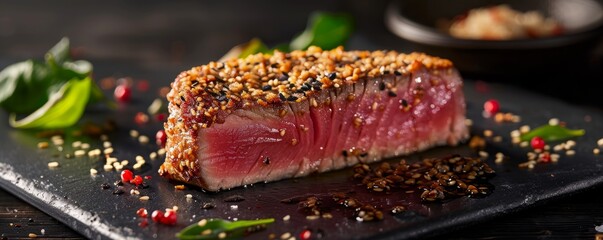 Wall Mural - Seared tuna steak with sesame crust, 4K hyperrealistic photo