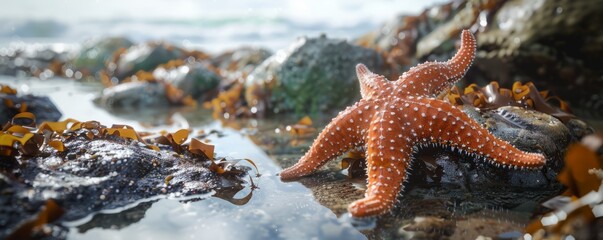 Charming starfish clinging to tidal rock pool, 4K hyperrealistic photo