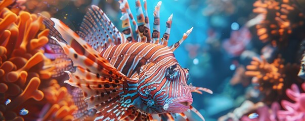 Lionfish with vibrant striped fins, 4K hyperrealistic photo