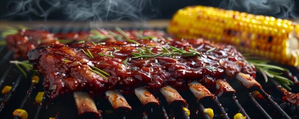 Wall Mural - BBQ ribs with corn on the cob, 4K hyperrealistic photo