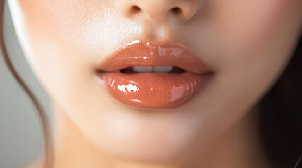 Wall Mural - Close-up of the model, delicately applying lip gloss with her lips slightly parted, highlighting the glossy texture of the lip gloss under the soft lighting.