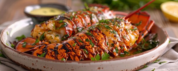 Wall Mural - Grilled lobster tail with garlic herb butter, 4K hyperrealistic photo