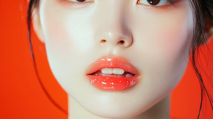 Wall Mural - Close-up of the model, delicately applying lip gloss with her lips slightly parted, highlighting the glossy texture of the lip gloss under the soft lighting.