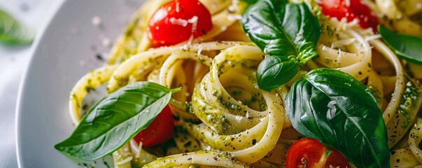 Wall Mural - Pesto pasta with cherry tomatoes, 4K hyperrealistic photo