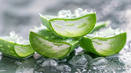 Poster - Fresh aloe vera slices with water droplets on a shiny surface, showcasing the plant’s juicy, natural interior perfect for skincare and wellness visuals.