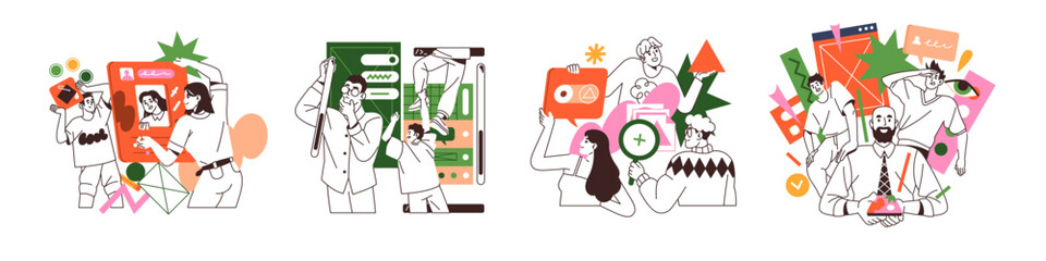 Fototapete - UX UI design concept set. Creative team creates user interface for app. Designers do redesign of GUI. Development of UIUX wireframes. Flat isolated outline vector illustrations on white background