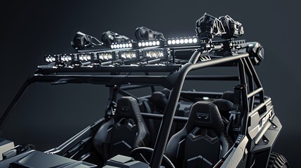 A detailed 3D render of a UTV roof rack with offroad lights