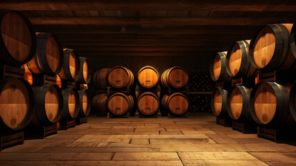 Cellar of Wine Whisky Keg Oak Barrels for Ferment Aging Winemaking Brew Process Alcohol Drink Storage