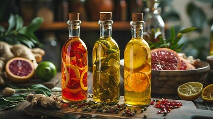 Delicious bottles of fluid with citrus and ginger infusions